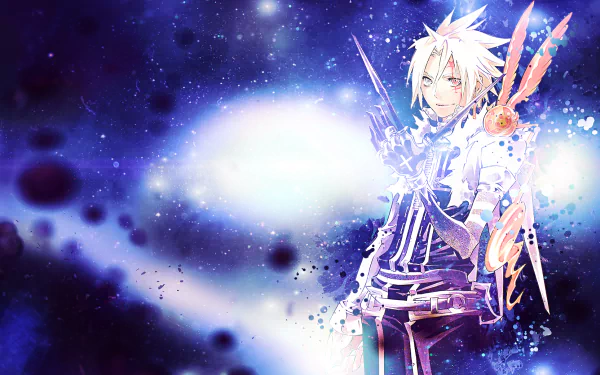 HD PC desktop wallpaper of Allen Walker (Anime, D.Gray-man) in a glowing cosmic-blue background—white hair, red forehead mark, ornate arm weapon.