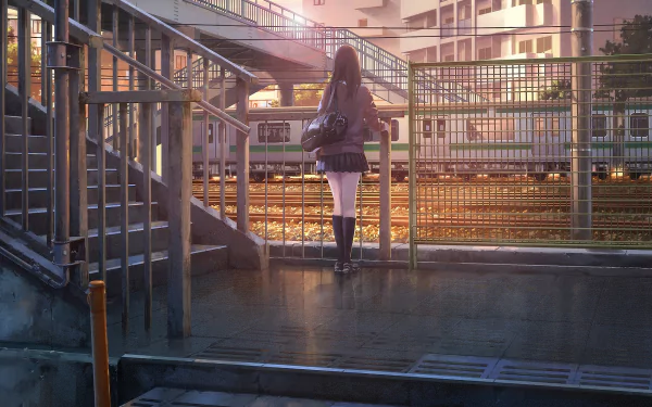 HD anime wallpaper of a serene train station at dusk, featuring a lone girl standing by the tracks, with a departing train and city buildings in the background.