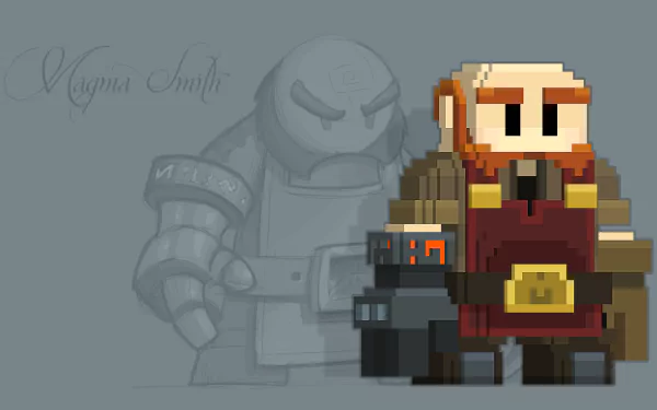 HD desktop wallpaper featuring a pixelated character from the game Stonehearth with a faded emblem in the background.