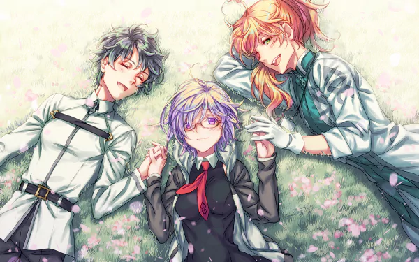 HD PC wallpaper featuring Shielder from Fate/Grand Order in anime style, lying peacefully on a flower-covered field with two companions.