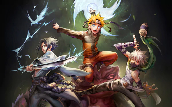 Epic HD desktop wallpaper of Naruto characters Sasuke Uchiha, Naruto Uzumaki, and Kakashi Hatake in action, showcasing their signature techniques like the Rasengan.