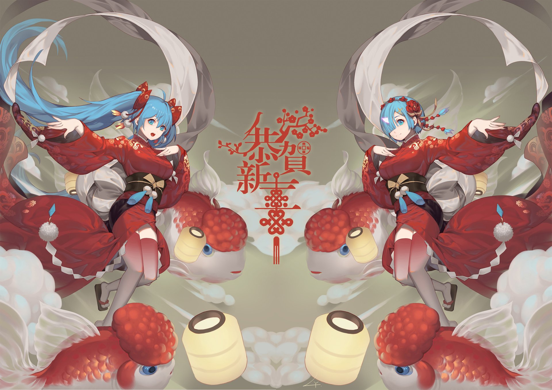 HD desktop wallpaper featuring Hatsune Miku and Rem from Vocaloid and Re:Zero - Starting Life in Another World. The characters are in vibrant, detailed anime artwork with a festive and elegant theme.