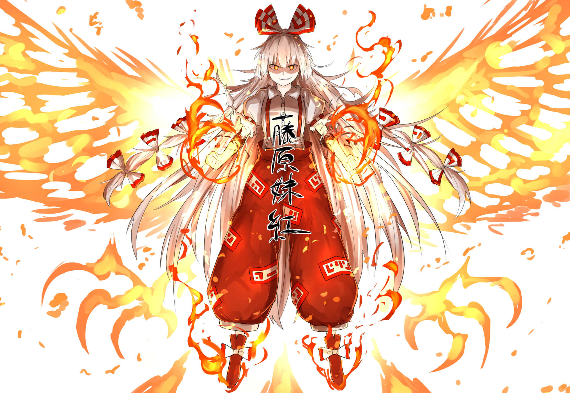 HD PC desktop wallpaper featuring Fujiwara no Mokou from Touhou, surrounded by fiery wings and flames in vibrant orange and white tones.