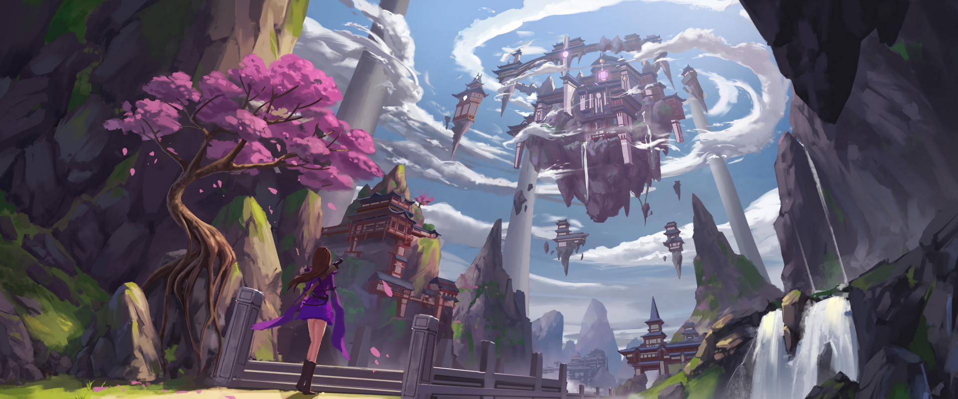Anime original HD PC desktop wallpaper: a girl in purple gazes from cherry‑blossom cliffs at a spiraling floating city of towers and bridges beneath dramatic swirling clouds in a fantastical landscape.
