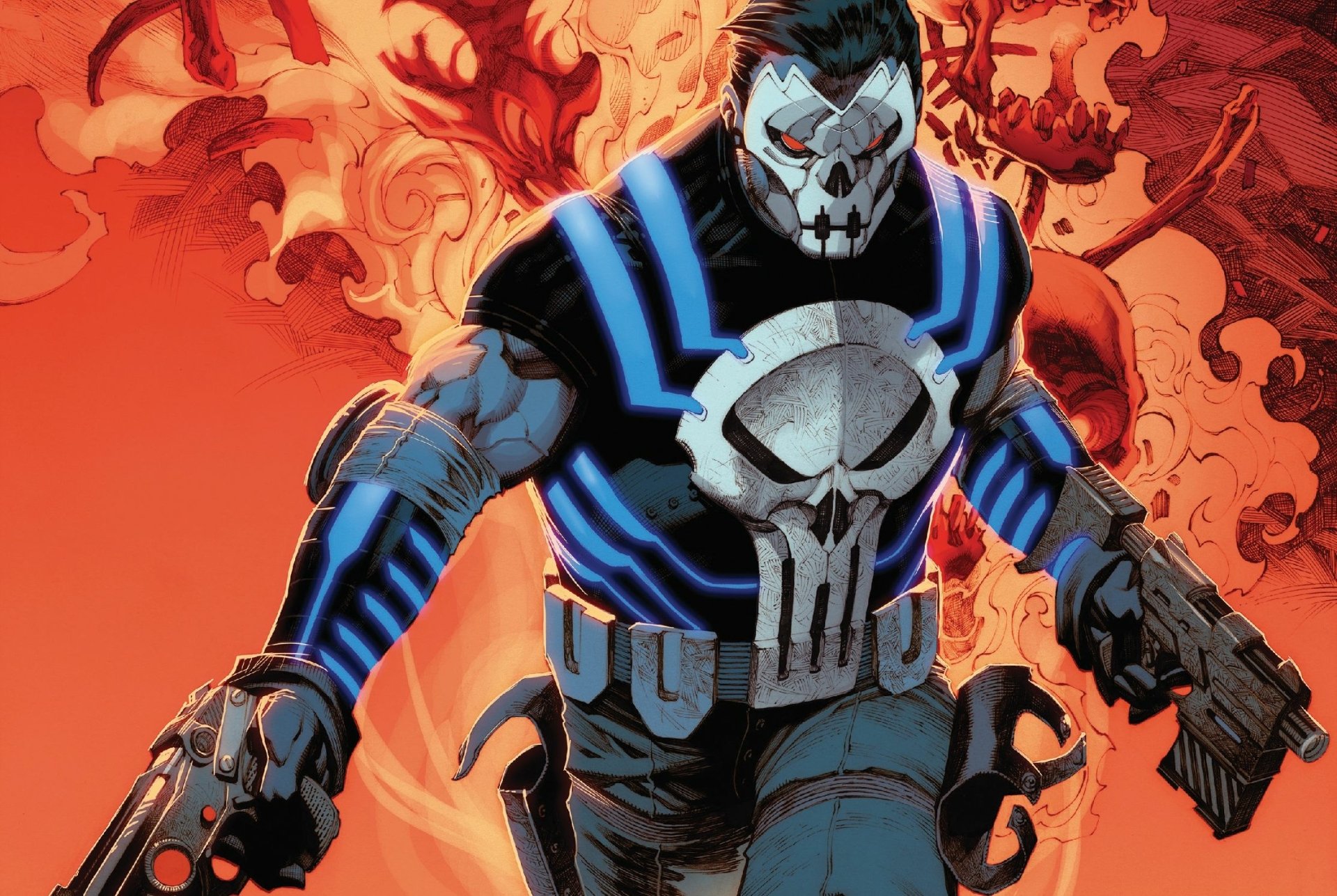 HD PC desktop wallpaper featuring the Punisher from the comic series, depicted in a skull mask and tactical gear against a fiery orange background.