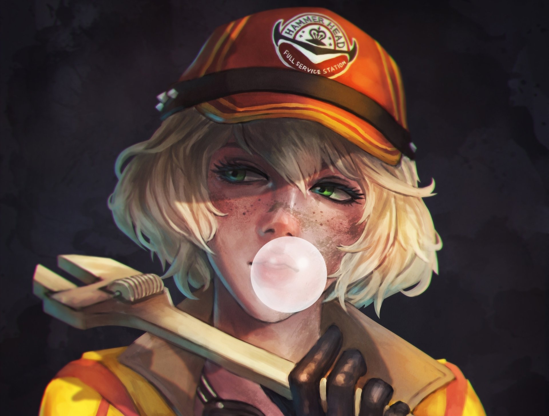 HD desktop wallpaper of Cindy from Final Fantasy XV, featuring her short blonde hair, green eyes, and a cap as she blows a bubblegum bubble.