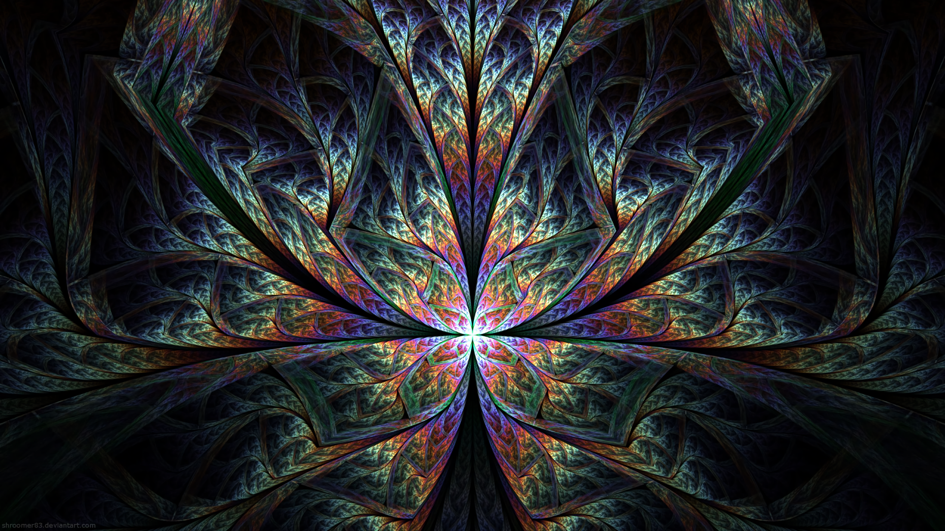 Abstract fractal design in vibrant blues, purples, and greens forming a symmetrical, intricate pattern, rendered as an HD PC desktop wallpaper and background.