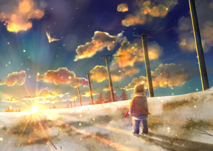 A beautiful anime landscape featuring a child standing in a snowy field. Birds perch on power lines as clouds drift across the sky, with sunbeams breaking through, creating a magical scene.