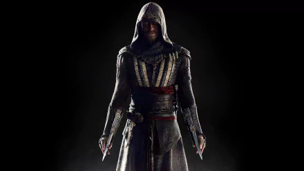 HD wallpaper of the movie Assassin's Creed featuring a hooded assassin standing against a dark background.