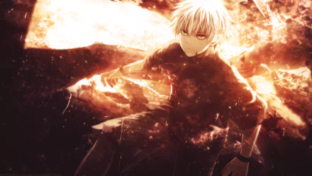 HD desktop wallpaper featuring Ken Kaneki from the anime Tokyo Ghoul, with a dramatic background of fiery and dark elements surrounding the character.