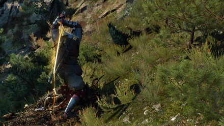 Screenshot from The Witcher 3: Wild Hunt video game showing a character in combat in a detailed forest environment, rendered in 8K Ultra HD for PC desktop wallpaper.