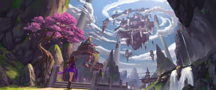 Anime original HD PC desktop wallpaper: a girl in purple gazes from cherry‑blossom cliffs at a spiraling floating city of towers and bridges beneath dramatic swirling clouds in a fantastical landscape.