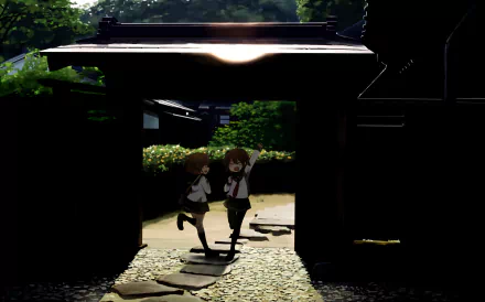 HD PC desktop wallpaper of Inazuma and Ikazuchi (Kantai Collection) anime characters running through a sunlit shrine gate with warm backlight and long shadows.