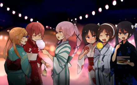 Anime-style HD wallpaper featuring Nagara, Yura, Natori, Kinu, Isuzu, and Abukuma from Kantai Collection enjoying a festive night with lanterns and snacks.