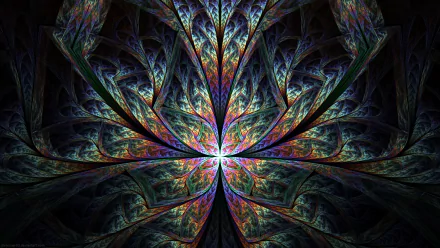 Abstract fractal design in vibrant blues, purples, and greens forming a symmetrical, intricate pattern, rendered as an HD PC desktop wallpaper and background.
