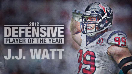 HD desktop wallpaper featuring J.J. Watt, the 2012 Defensive Player of the Year, in his football gear mid-action.