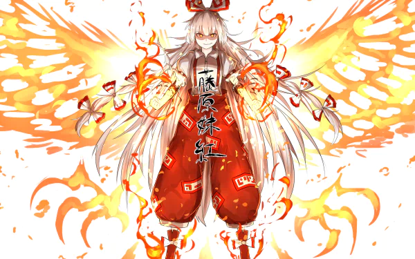 HD PC desktop wallpaper featuring Fujiwara no Mokou from Touhou, surrounded by fiery wings and flames in vibrant orange and white tones.