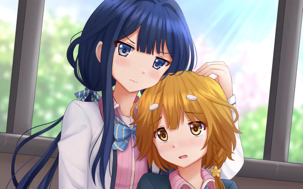 HD anime desktop wallpaper featuring Yoshino Koiwai and Aki Adagaki from Masamune-kun's Revenge in a tender moment by a window with soft sunlight.