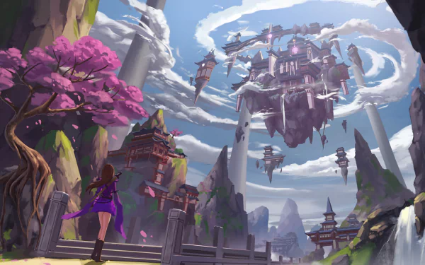 Anime original HD PC desktop wallpaper: a girl in purple gazes from cherry‑blossom cliffs at a spiraling floating city of towers and bridges beneath dramatic swirling clouds in a fantastical landscape.