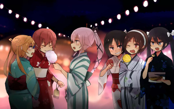 Anime-style HD wallpaper featuring Nagara, Yura, Natori, Kinu, Isuzu, and Abukuma from Kantai Collection enjoying a festive night with lanterns and snacks.
