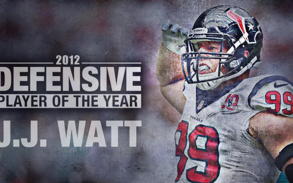 HD desktop wallpaper featuring J.J. Watt, the 2012 Defensive Player of the Year, in his football gear mid-action.