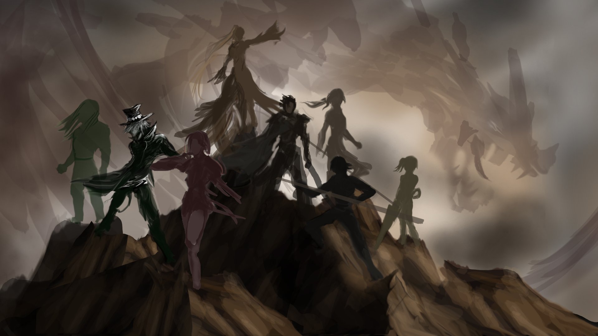 4K Ultra HD anime wallpaper from Tales of Zestiria the X featuring silhouetted characters standing atop a rocky hill under a cloudy, dramatic sky.