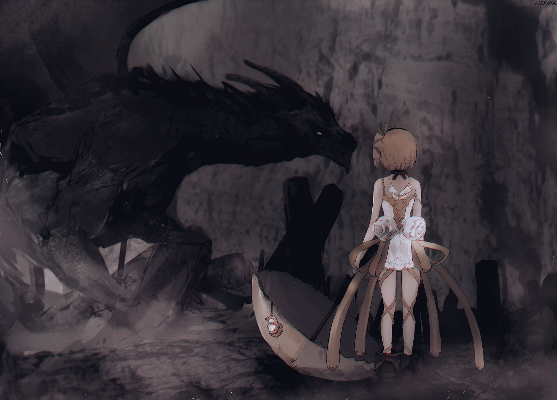 Anime scene from Tales of Zestiria the X featuring a girl in a white outfit facing a large black dragon, rendered in HD for a PC desktop wallpaper background.