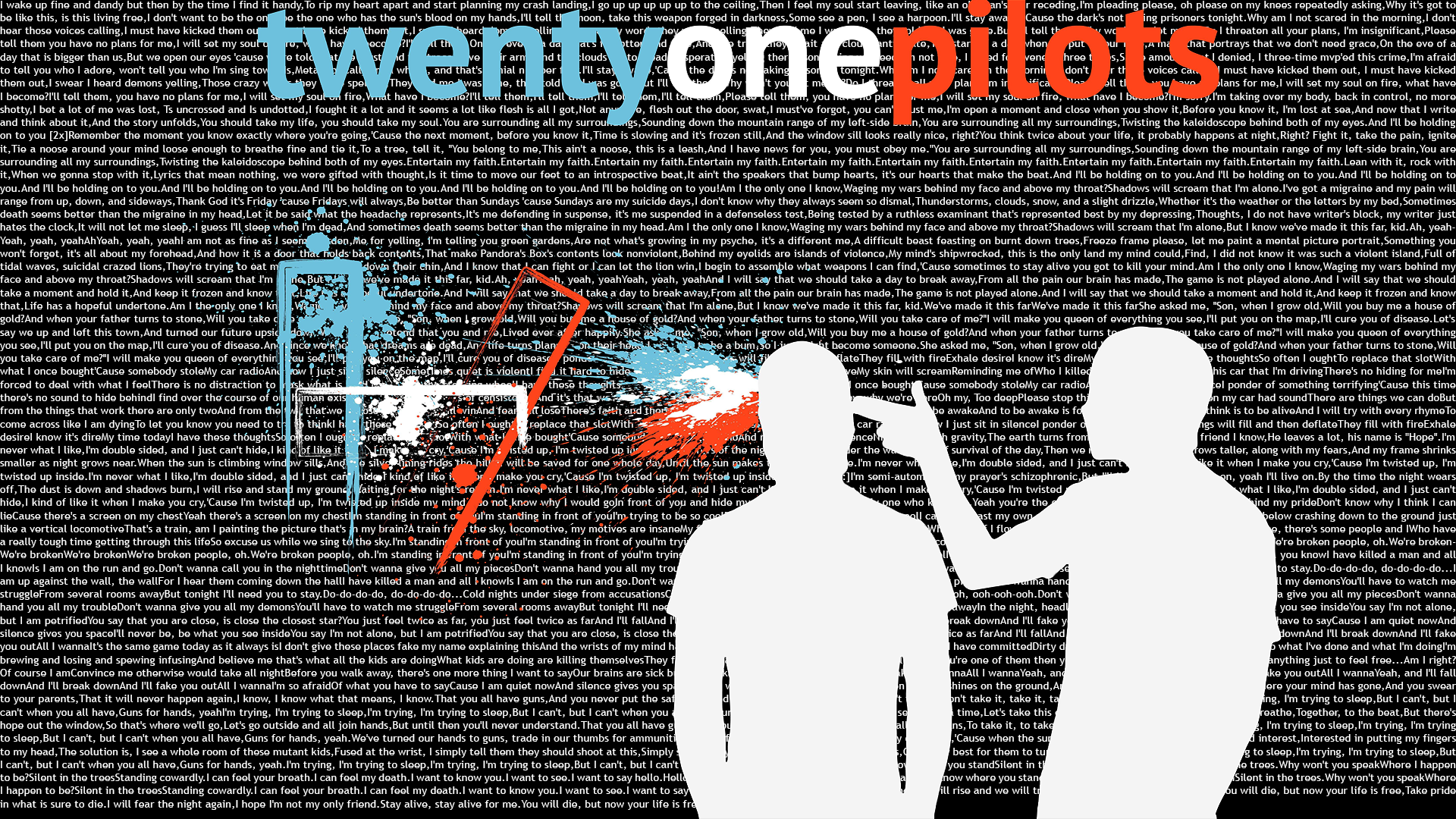 HD desktop wallpaper featuring Twenty One Pilots with silhouette graphics and their logo on a text-filled background.