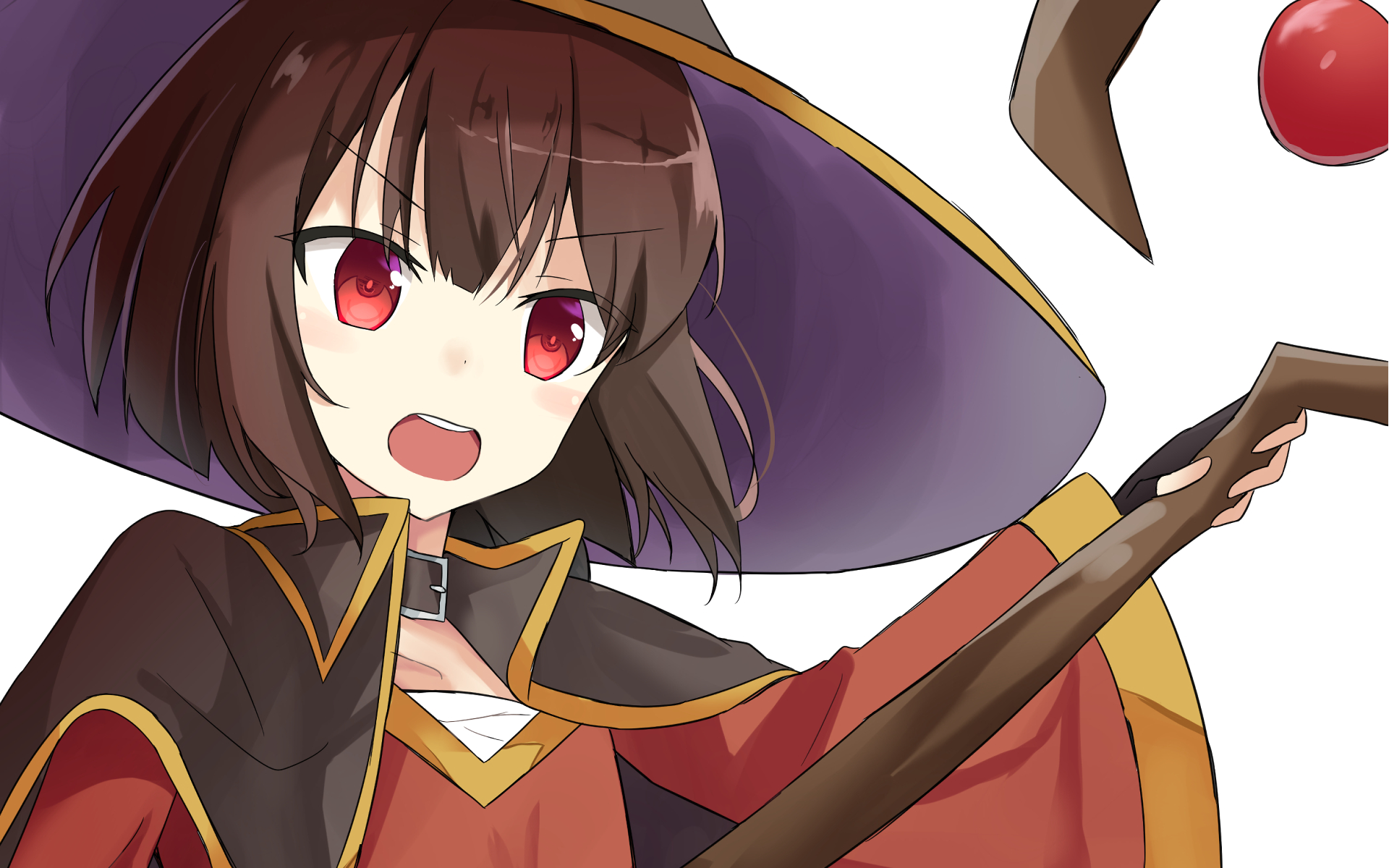 HD desktop wallpaper featuring Megumin from the anime KonoSuba - God’s Blessing on This Wonderful World!!. Megumin is depicted in her iconic outfit, wielding her staff and sporting a confident expression.
