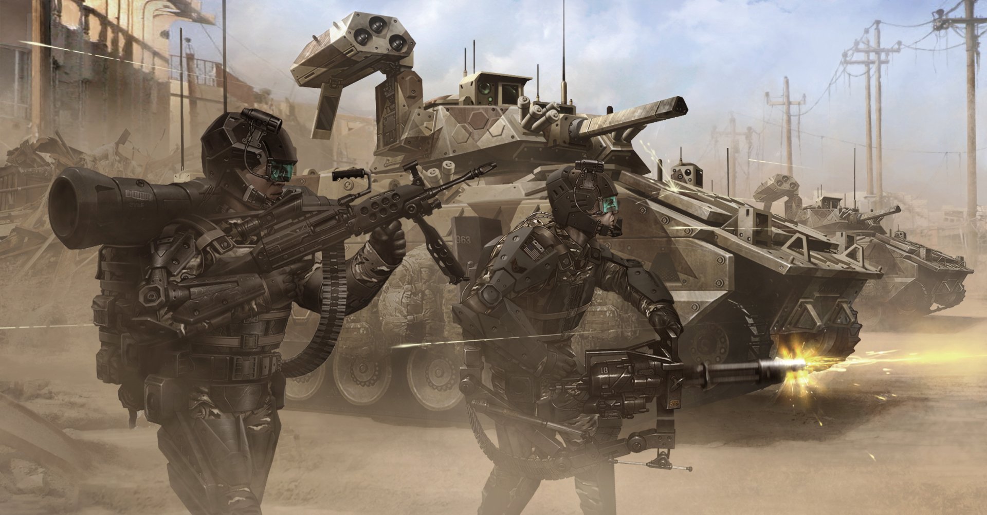 Futuristic sci-fi military scene featuring armed soldiers advancing alongside a heavily armored, high-tech tank in a dusty battlefield, rendered in HD for desktop wallpaper.