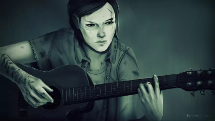 HD desktop wallpaper of Ellie from The Last of Us Part II, featuring a detailed and emotional portrayal of the character playing a guitar.