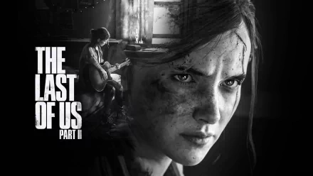 HD desktop wallpaper featuring Ellie from The Last of Us Part II, showcasing a detailed close-up of her face with a background of her playing a guitar. The game's logo is prominently displayed.