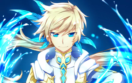 HD PC desktop wallpaper featuring an anime character from Tales of Zestiria the X with striking blue eyes and flowing blonde hair surrounded by magical blue energy.