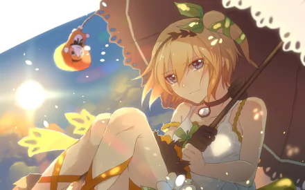 HD anime wallpaper from Tales of Zestiria the X featuring a blonde character with an umbrella, glowing butterflies, and a bright, dreamy background.
