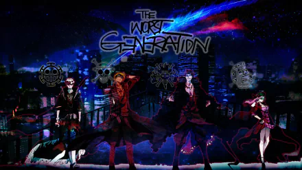 HD desktop wallpaper featuring Eustass Kid, Jewelry Bonney, Trafalgar Law, and Monkey D. Luffy from the anime One Piece with a city nightscape and The Worst Generation text.
