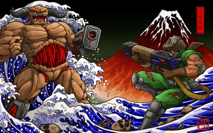 HD desktop wallpaper depicting a dynamic battle scene between Doomguy and Cyberdemon from the video game Doom, set against a backdrop featuring a stylized wave and Mount Fuji.