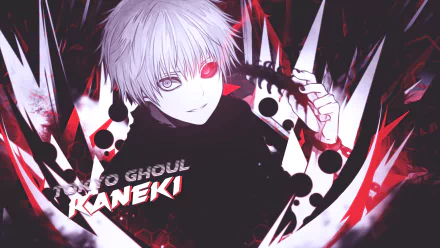 HD desktop wallpaper of Ken Kaneki from the anime Tokyo Ghoul, featuring him with white hair and red eye amidst a dark, artistic background of black and red accents.