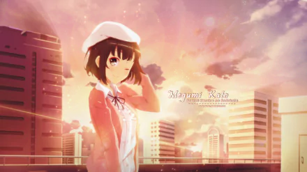 HD PC desktop wallpaper featuring Megumi Katō from the anime Saekano: How to Raise a Boring Girlfriend, set against a warm urban sunset backdrop.