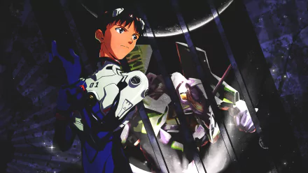 HD PC desktop wallpaper featuring an anime character from Neon Genesis Evangelion in a futuristic pilot suit with a dark, sci-fi background.