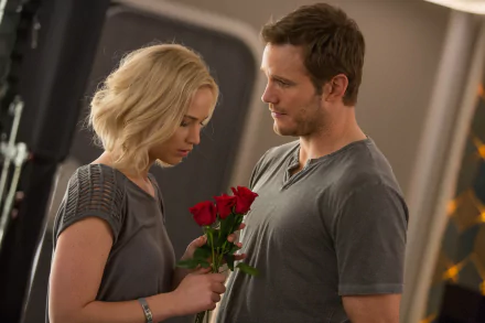 HD PC wallpaper featuring Jennifer Lawrence and Chris Pratt from the movie Passengers, with a red rose symbolizing their romantic connection.