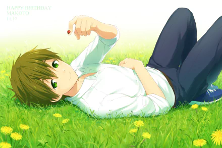 Anime character Makoto Tachibana from Free! with green eyes and brown hair, lying on the grass with a ladybug on his finger. This HD desktop wallpaper features text wishing him a happy birthday.