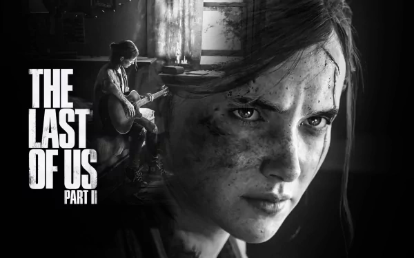 HD desktop wallpaper featuring Ellie from The Last of Us Part II, showcasing a detailed close-up of her face with a background of her playing a guitar. The game's logo is prominently displayed.
