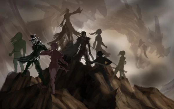 4K Ultra HD anime wallpaper from Tales of Zestiria the X featuring silhouetted characters standing atop a rocky hill under a cloudy, dramatic sky.