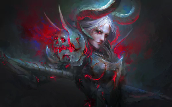 HD desktop wallpaper of a white-haired woman warrior with red eyes, donning dark, ornate armor with horns, exuding a demonic, fantasy aura accentuated by ethereal red and blue hues.