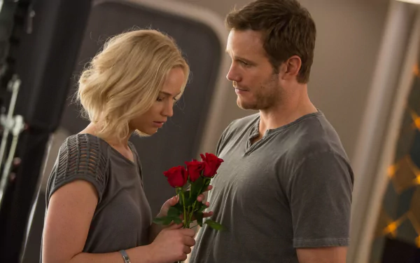 HD PC wallpaper featuring Jennifer Lawrence and Chris Pratt from the movie Passengers, with a red rose symbolizing their romantic connection.