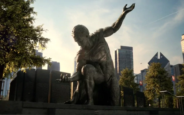 HD desktop wallpaper featuring a statue from the movie Batman V Superman: Dawn of Justice set against a city skyline at sunset.