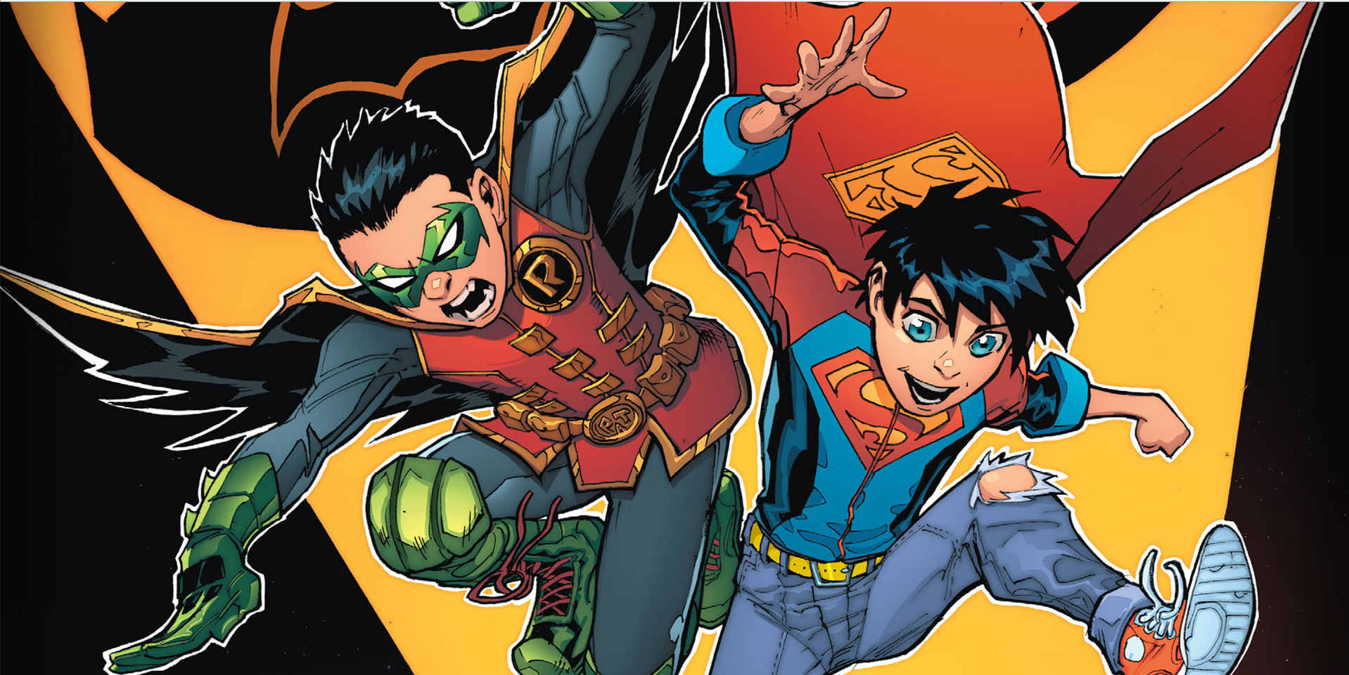 HD PC desktop wallpaper featuring Jon Kent as Superboy and Damian Wayne as Robin in dynamic action poses from DC Comics.