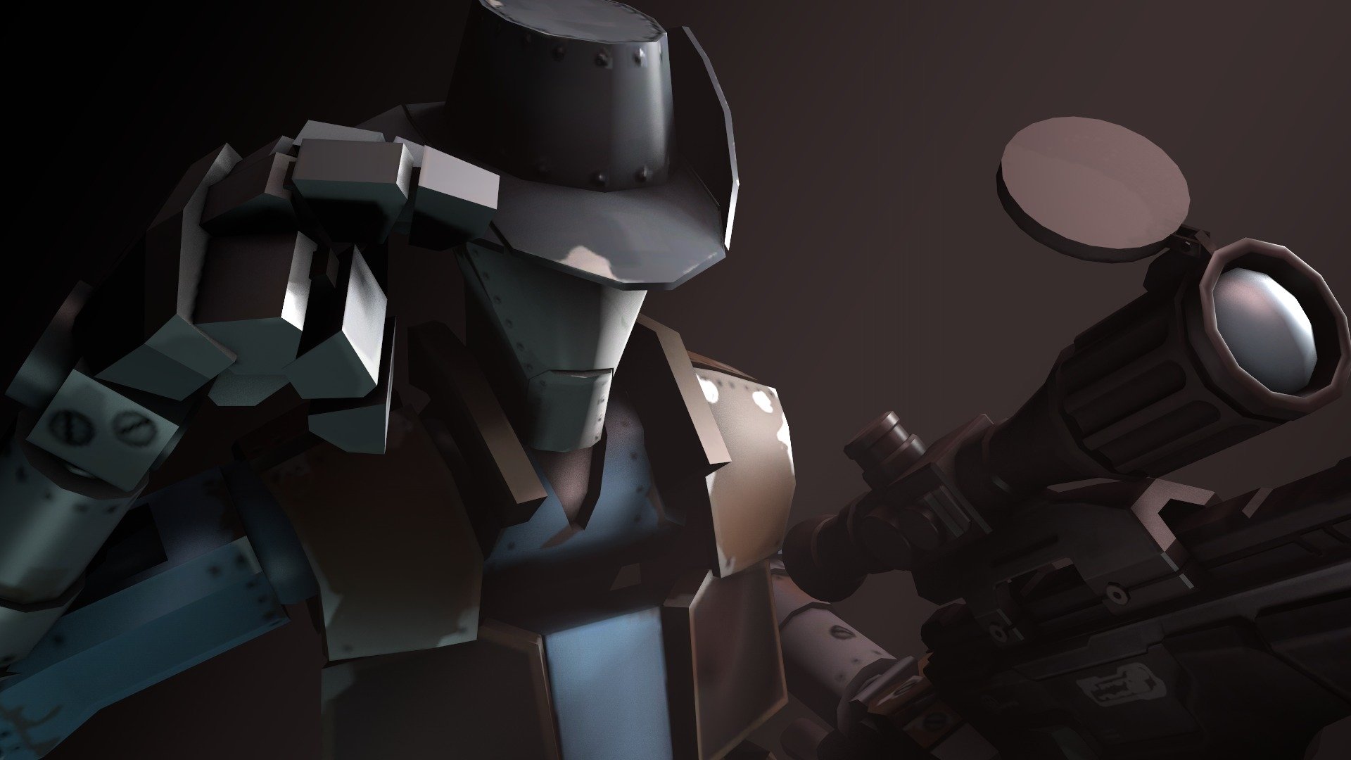 HD PC desktop wallpaper featuring the Sniper character from the video game Team Fortress 2, depicted with a stylized, angular design and his signature hat and rifle.