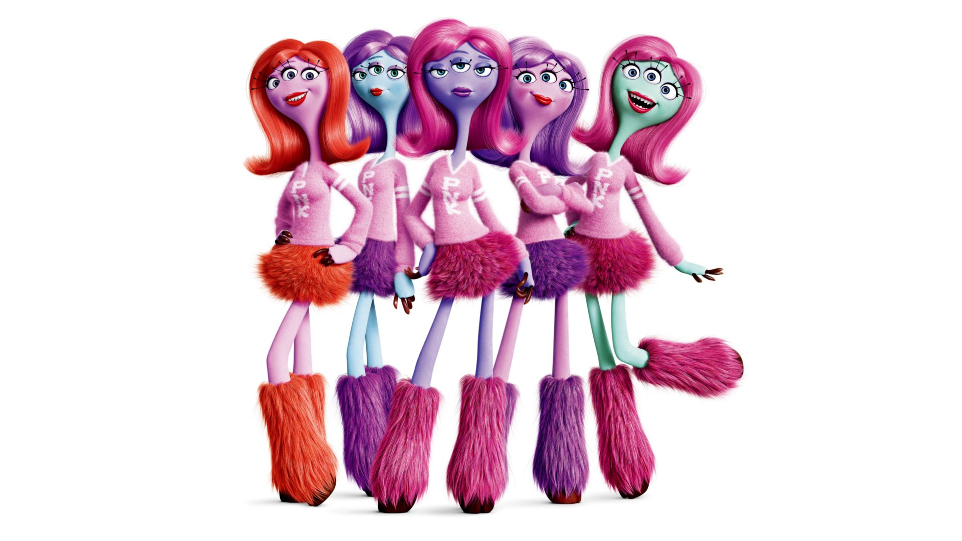 HD PC desktop wallpaper from the movie Monsters University showing five colorful, fuzzy, pink-and-purple female monsters in fashionable fur boots and skirts, posed together on white.