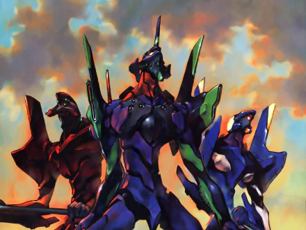HD PC desktop wallpaper featuring Evangelion Units 00, 01, and 02 from the anime Neon Genesis Evangelion against a dramatic sky background.